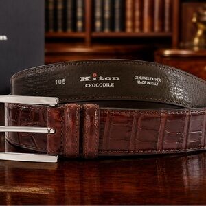 Kiton Handmade Genuine Cognac Crocodile Belt - Palladium-Plated Brass Buckle